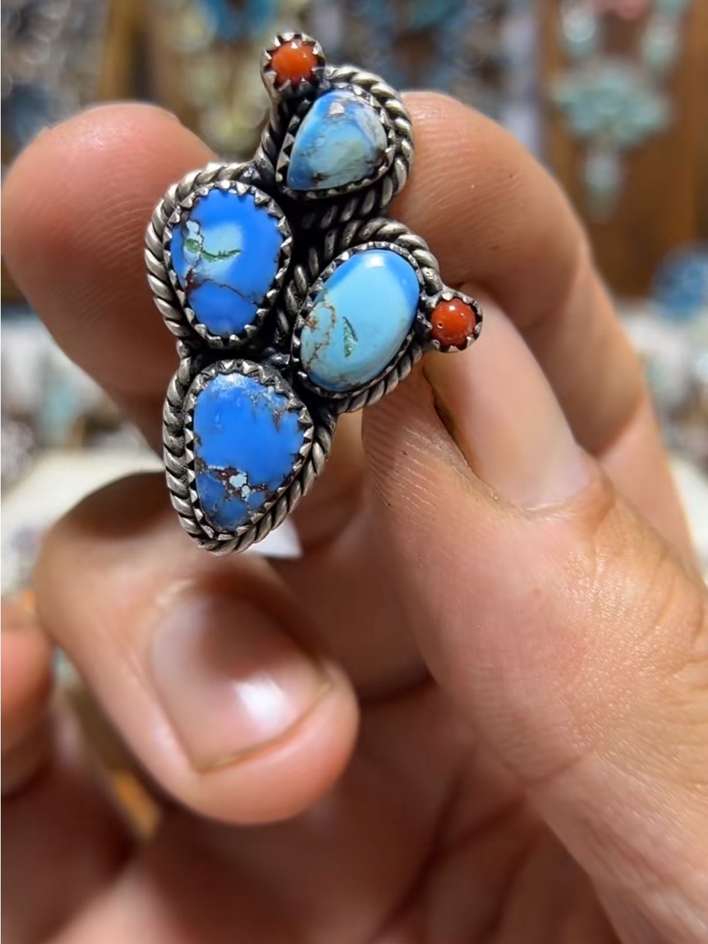 Golden Hill and Coral Cactus Sterling Ring size 6